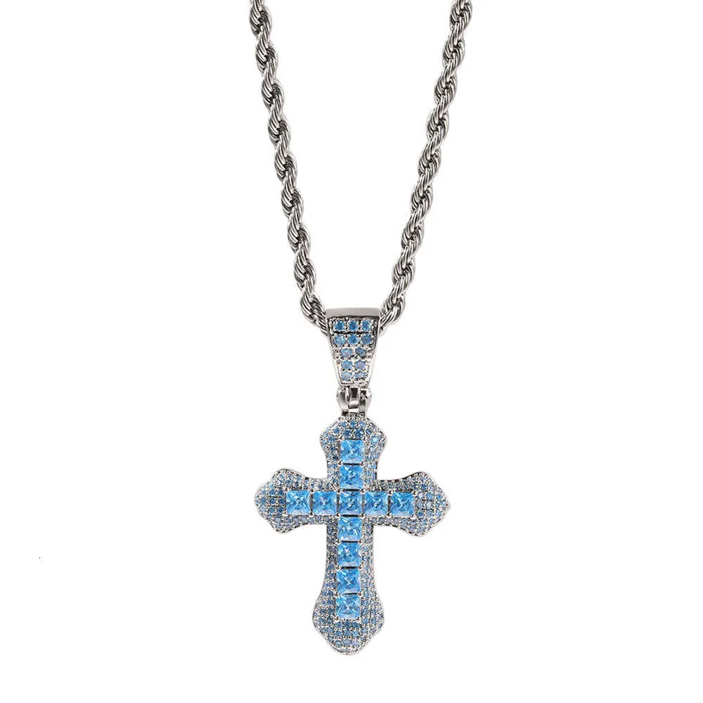 Nuova collana con croce blu Hip Hop con diamanti e versatile maglione in argento Sterling con ciondolo a catena cubana intrecciata_voghion.com