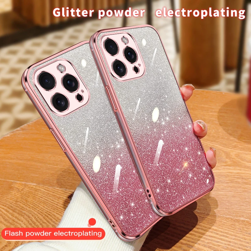 Shiny Gradient Glitter Square Plating Case For iPhone 15 14 13 12 11 ProMax 12mini 15Plus 14Plus 13mini Coque Soft Back_voghion.com