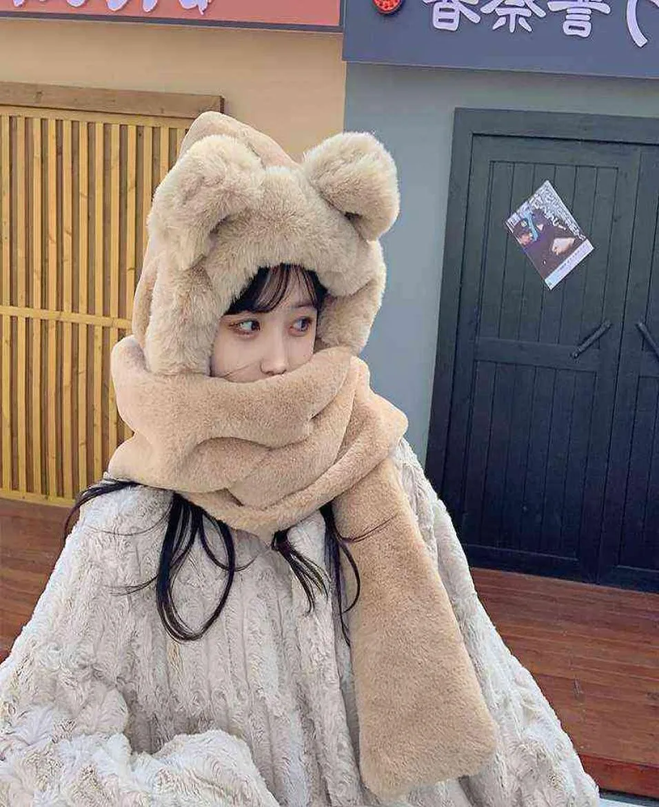 Hats Sets Scarves Winter Fur Cap Snow Hat Christmas Gift Cute Girl Versatile Scarf Integrated Warm Gloves Bib Three_voghion.com
