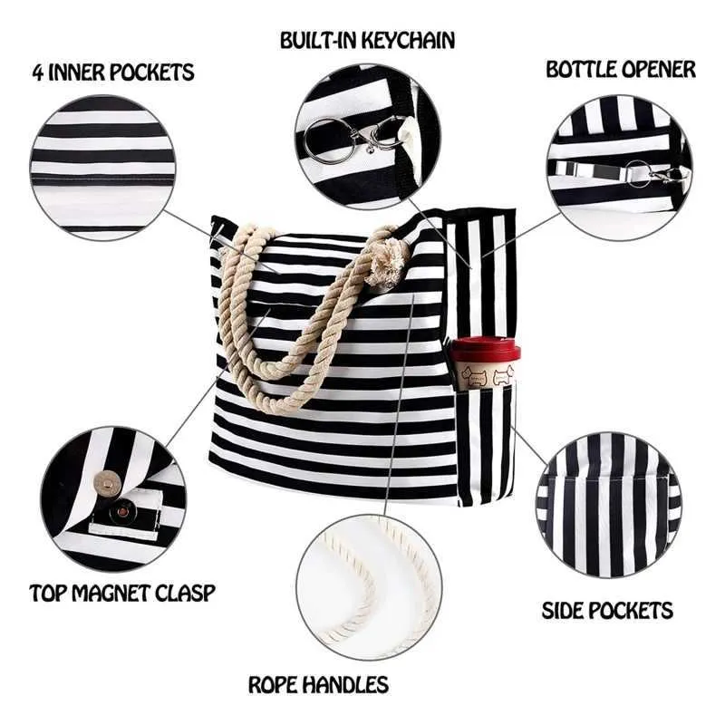 Handbag black and white stripes large capacity beach bag handbag with ten font fashion print womens canvas shoulder_voghion.com