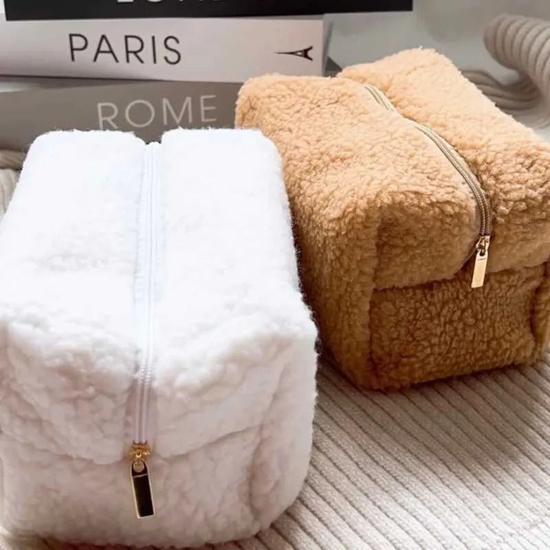 Lammwolle Mini Niedlicher Plüsch Makeup Organizer Kawaii Bleistiftbox Tasche Reise Münzbörse Home Storage Y241023_voghion.com