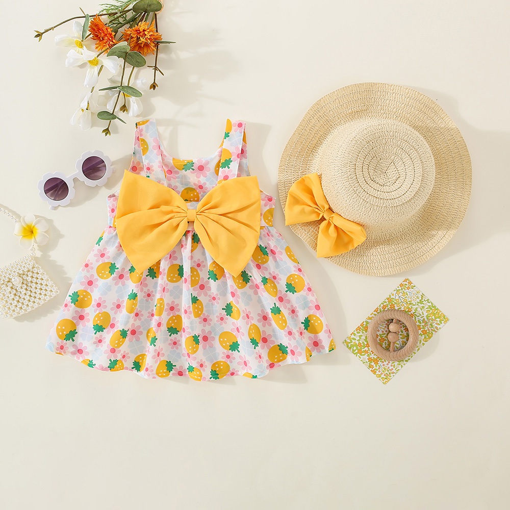 Robe d'été pour bébé avec nœud et fraise, jolie robe pour enfants, vêtements de plage pour enfants avec chapeau_voghion.com