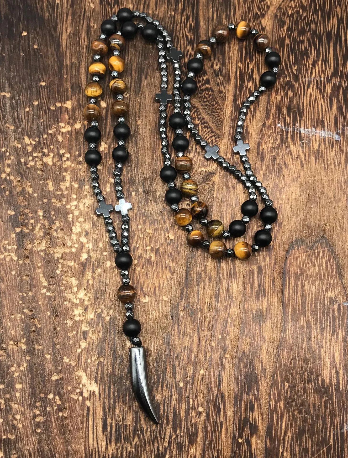 Colliers pendentifs en hématite pour hommes, croix, chapelet, collier de perles, crucifix, pour lui, père, bijoux religieux_voghion.com