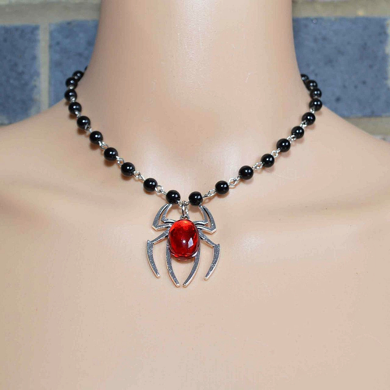 Unisex Gothic silvered red crystal spider necklace_voghion.com