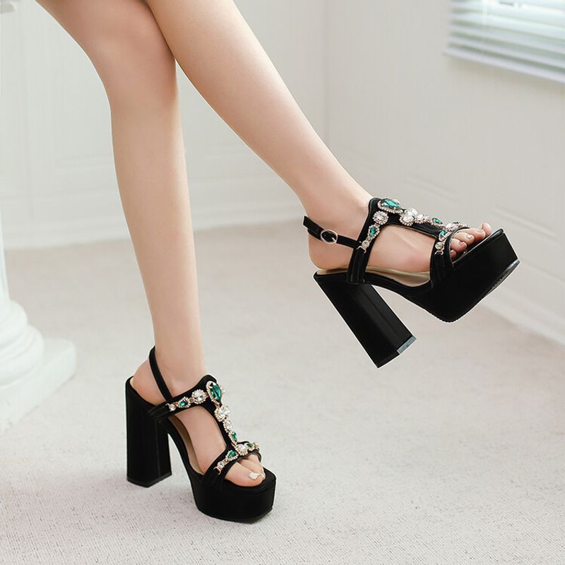 Rhine-drill square head open toe side air waterproof platform thick high heel buckle sandal woman_voghion.com