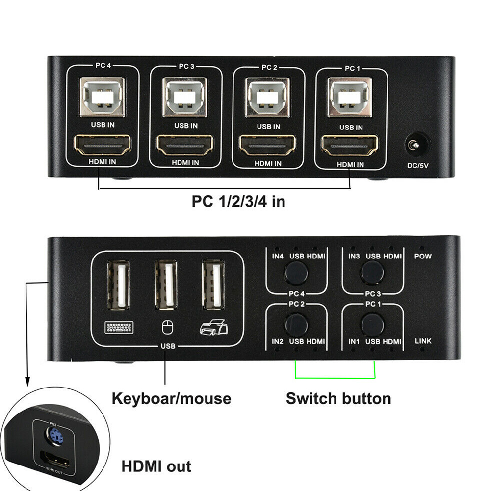 4K Universal 4 Port USB Til Mus Tastatur Computer Hub Deling Scanner Med Indikatorlampe KVM Switcher Aluminiumlegering_voghion.com