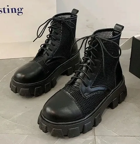Booties Kurze Schuhe für Damen Punk Style Schwarze Biker Schnürschuhe Leder mit Schnürsenkeln Combat Damen Stiefeletten_voghion.com