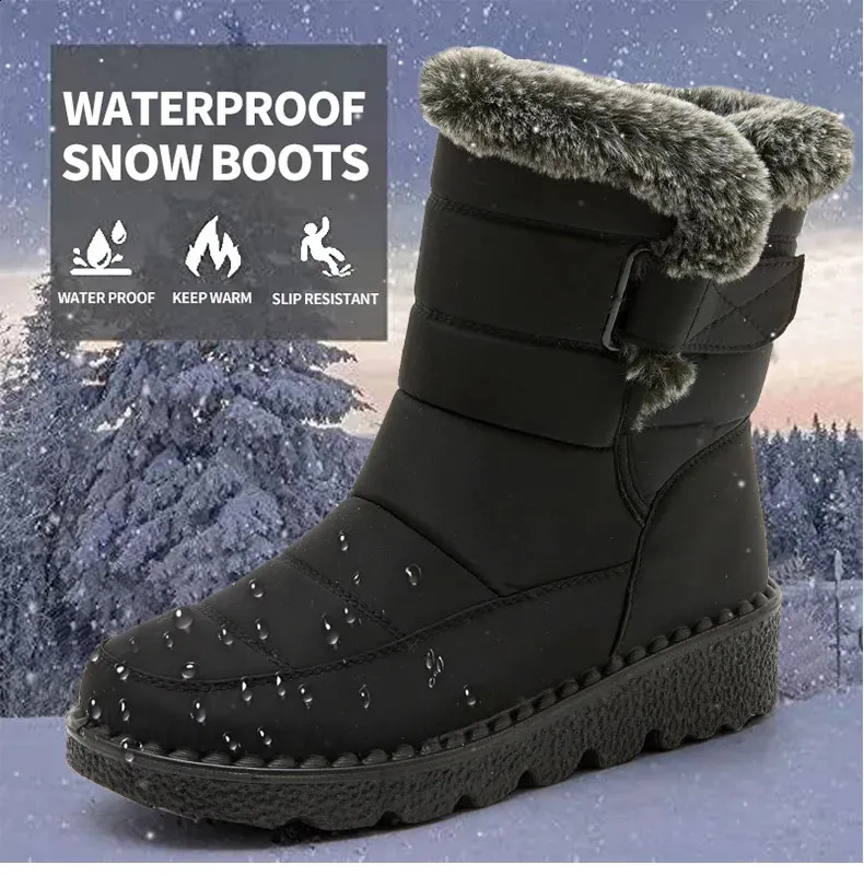 Trend Womens Winter Ankle Low Botas Mujer Waterproof Snow Boots Fur Leather Shoes 241116_voghion.com