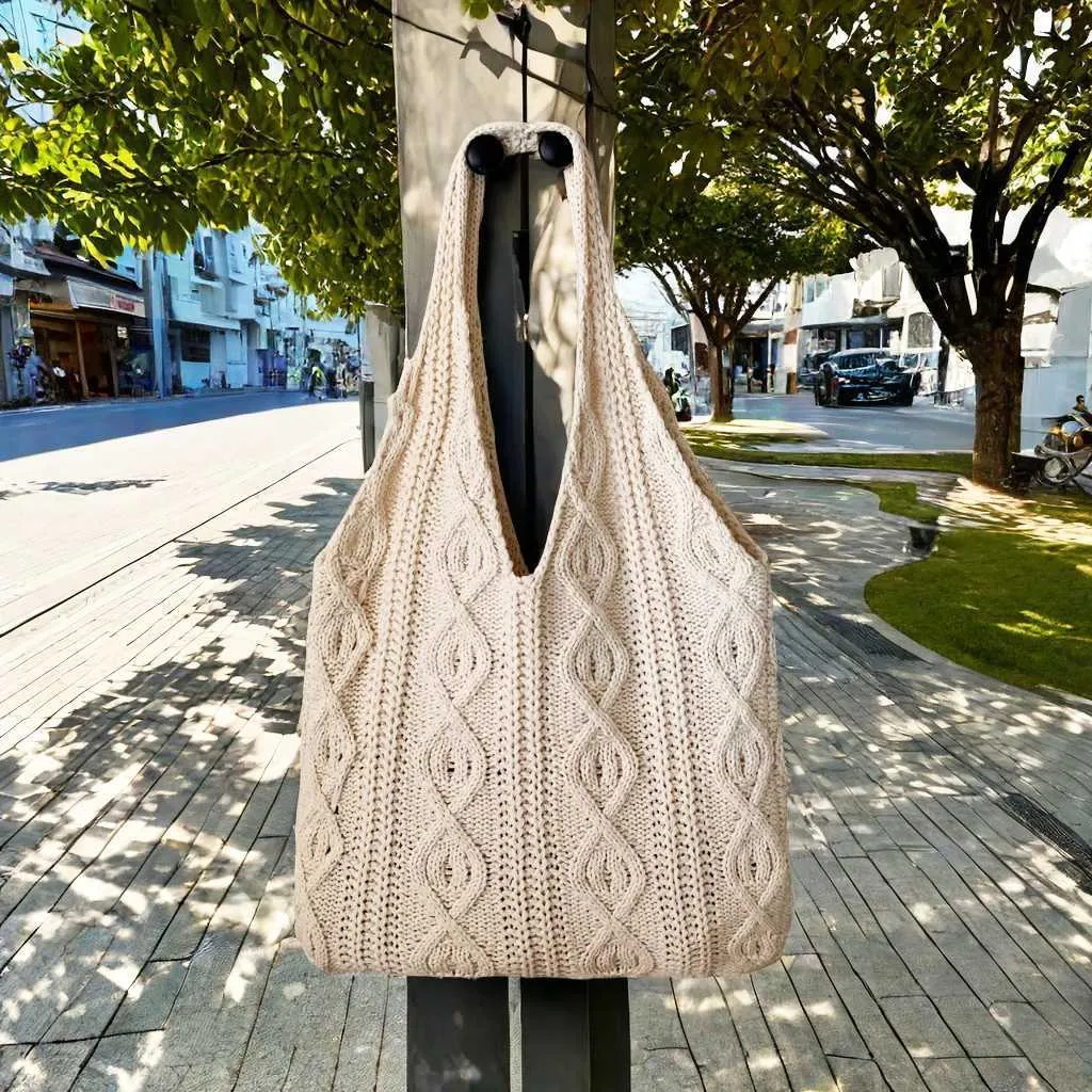 New Vintage Wool Knitted Hand Woven Shoulder Bag For Women Casual Shopping Handbag Large Capacity Female hetC241105_voghion.com