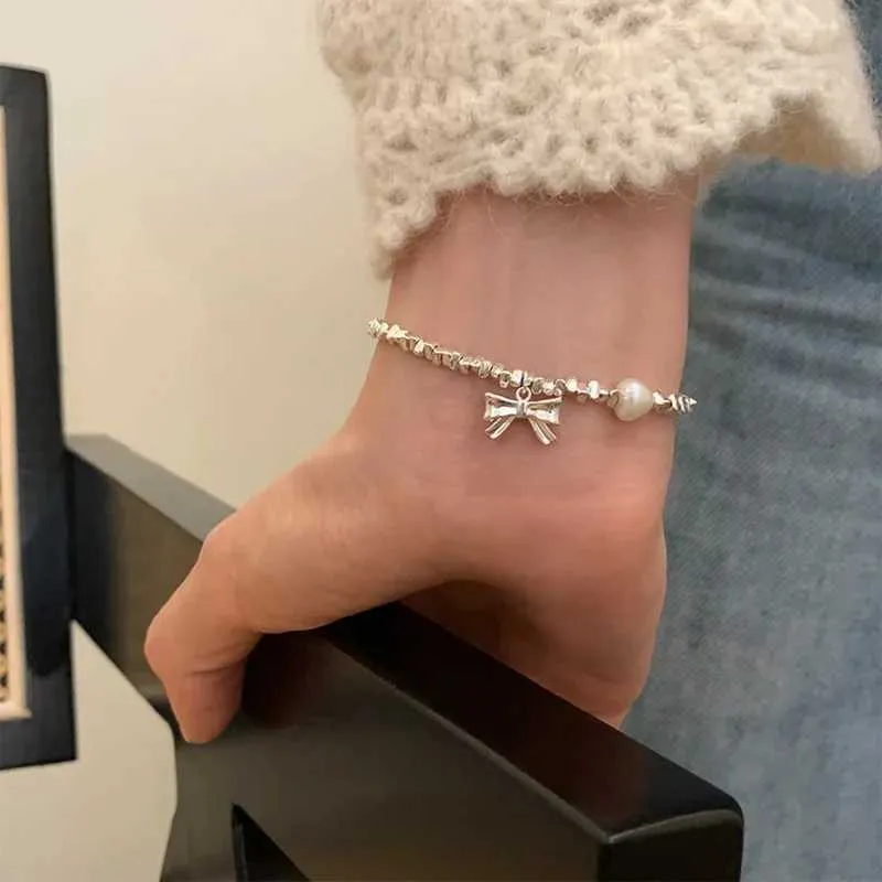 Pearl Bow Charm Bracelet For Women Sterling Silver Double Layer_voghion.com