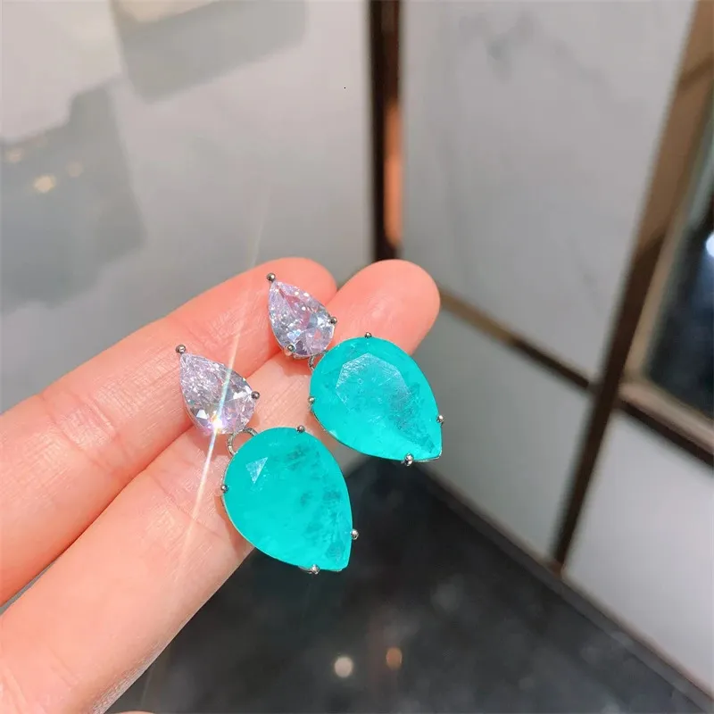 QXTC Vintage Paraiba Tormalina Gemstone Lab Diamanti Collana Orecchini Ciondoli Nozze Festa Pregiata Set di Gioielli_voghion.com