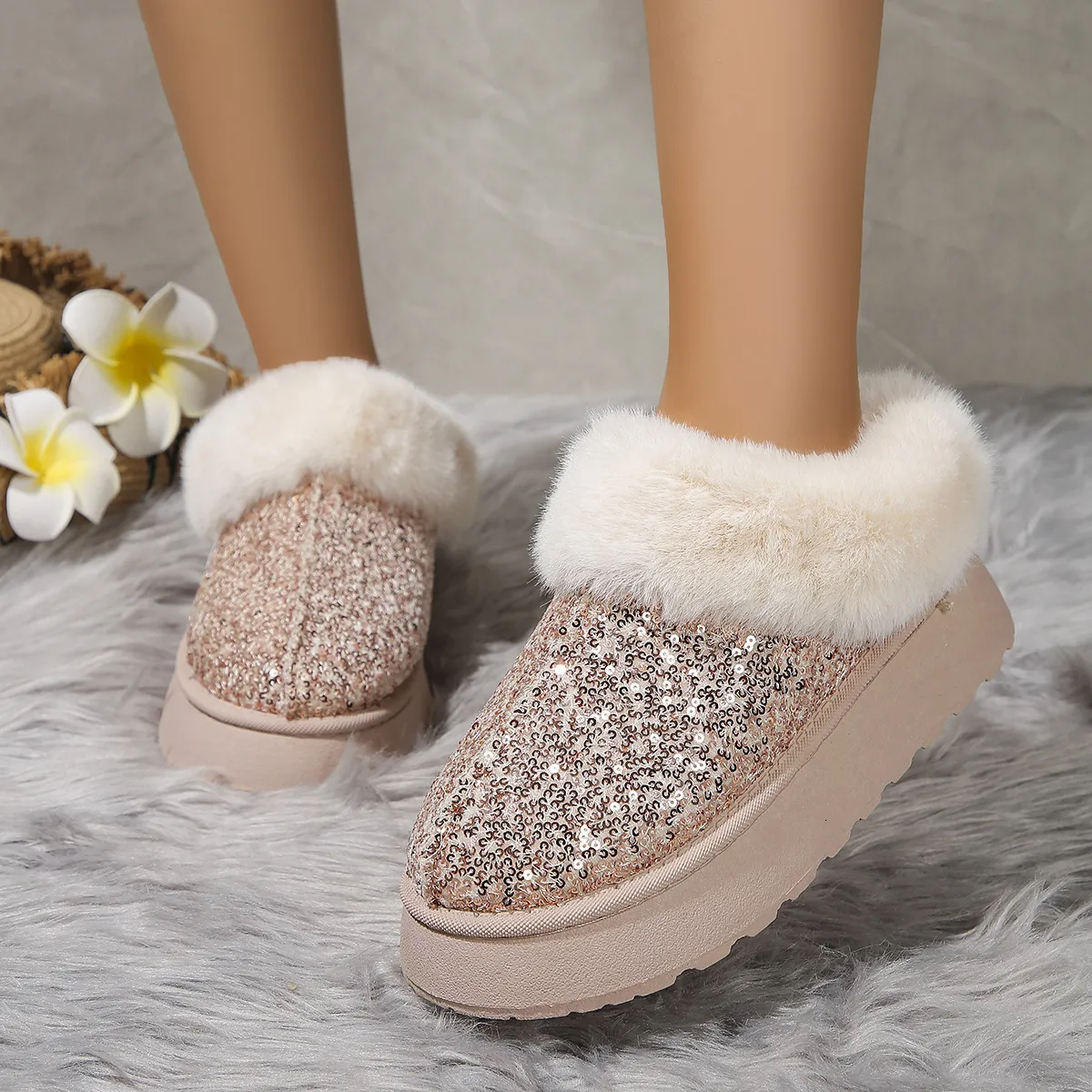 Ankle Snow gly botas slides mulheres Inverno 2024 Nova Moda Brilhante Pele Curta Pelúcia Chinelos Quentes frete grátis_voghion.com