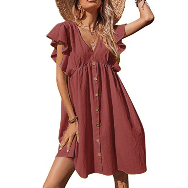Abito da donna di media lunghezza con scollo a V pieghettato casual con bottoni alla moda_voghion.com