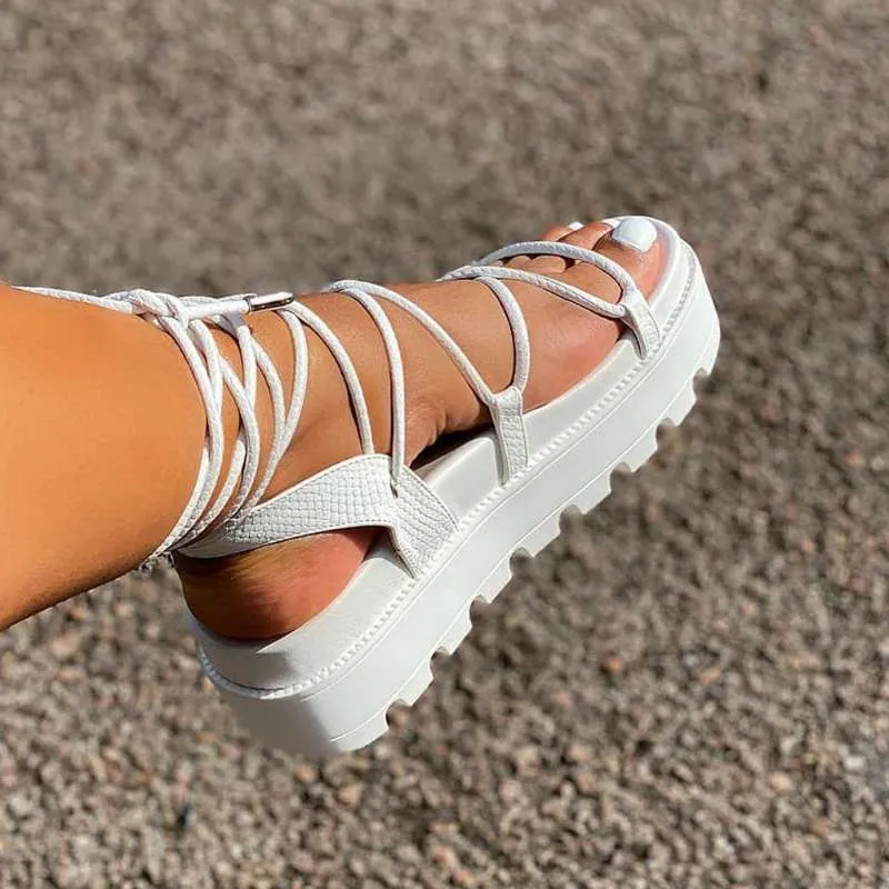 Frau Mode Gladiator Sandalen Damen Keil Schuhe Weibliche Lace Up Plattform Frauen Kreuz Straps Stiefel Dicken Boden 33b4_voghion.com