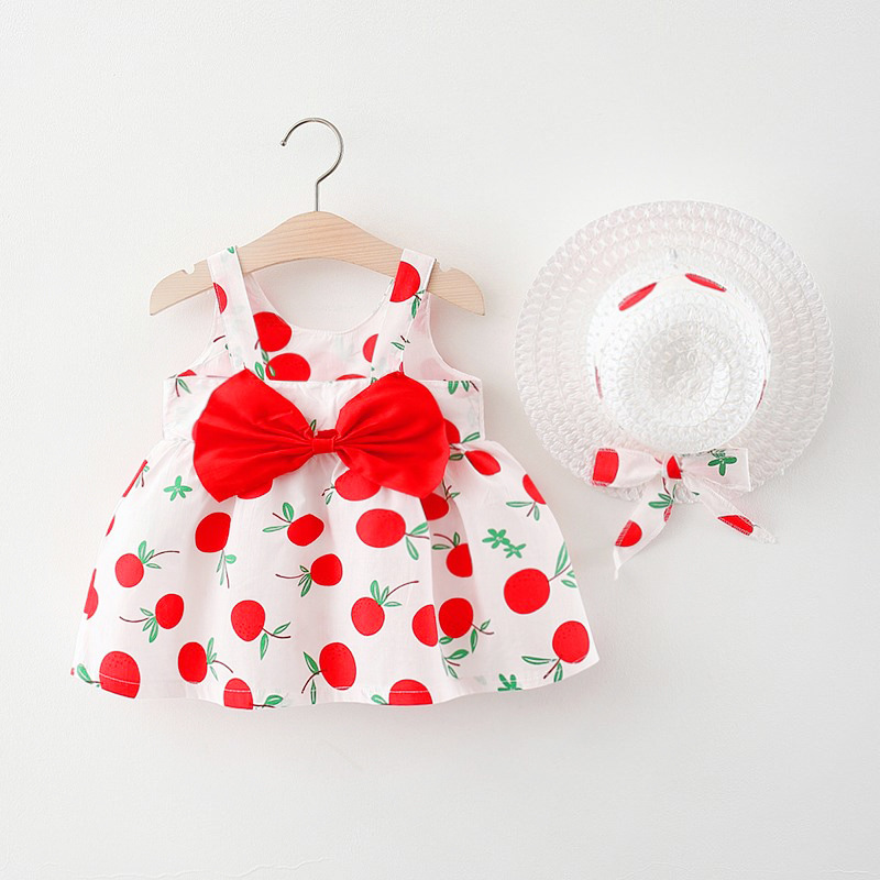 Infant Sling Dress Back Bow Baby Girl Dress Cotton Breathable Baby Clothes Fruit Pattern Sleeveless Mini Dress Set Hat For Girls_voghion.com