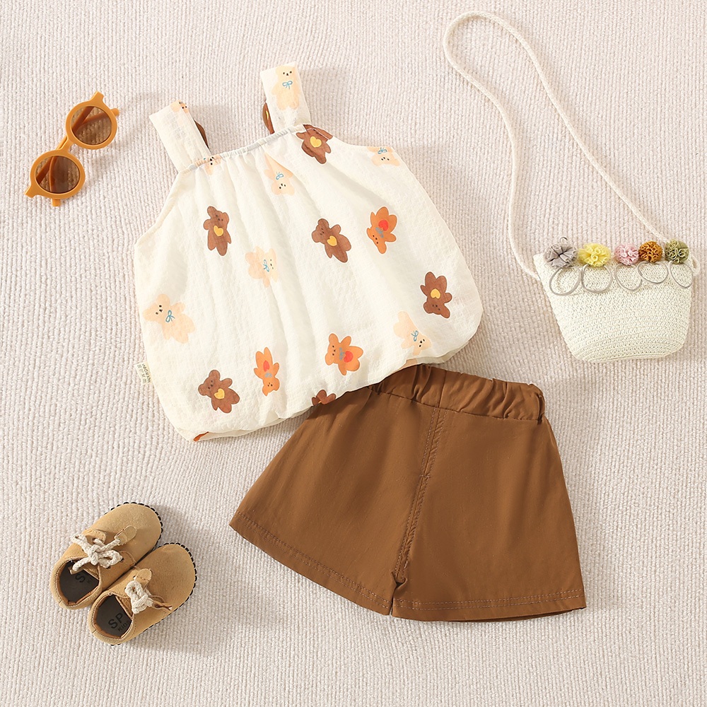 Set de haine de vară din bumbac pentru bebeluși, ursuleț de pluș drăguț, imprimat, top cu snap + pantaloni scurți confortabili de culoare solidă_voghion.com