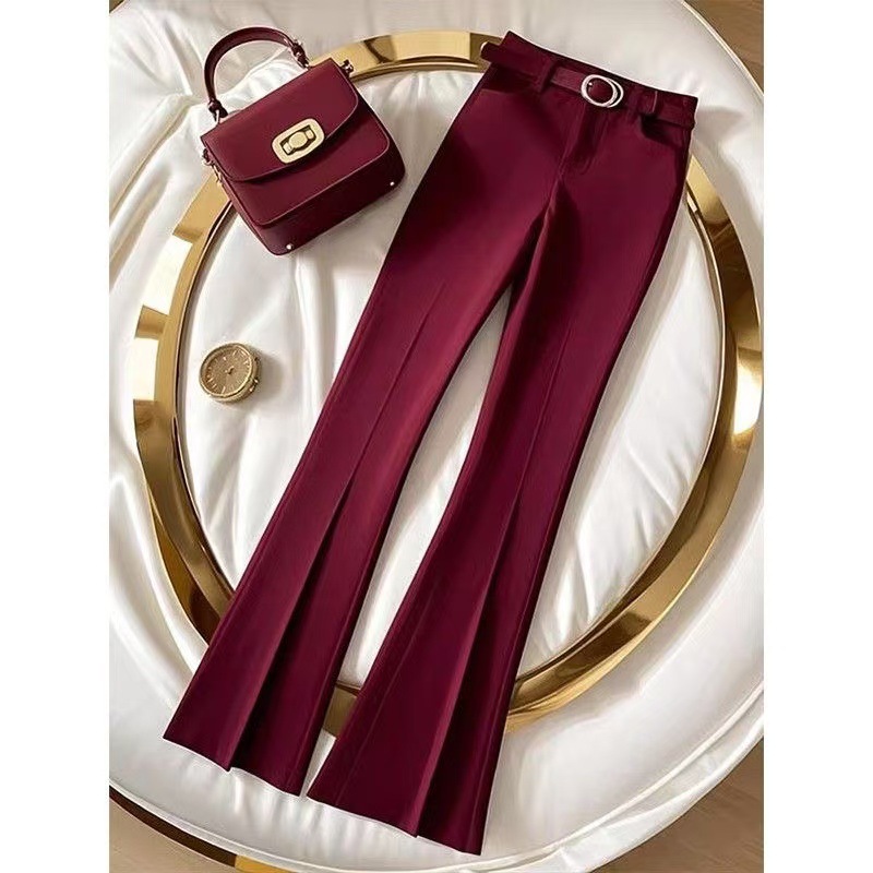 Vêtements pour femmes automne nouveau style tempérament rouge taille haute slim pantalon décontracté à la mode léger design de luxe pantalon long évasé