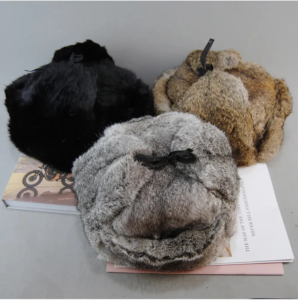 BeanieSkull Men's Caps Natural Bomber With Earflaps Winter Unisex Warm Russian Ushanka Hat Real Rabbit Fur Hats 231017_voghion.com