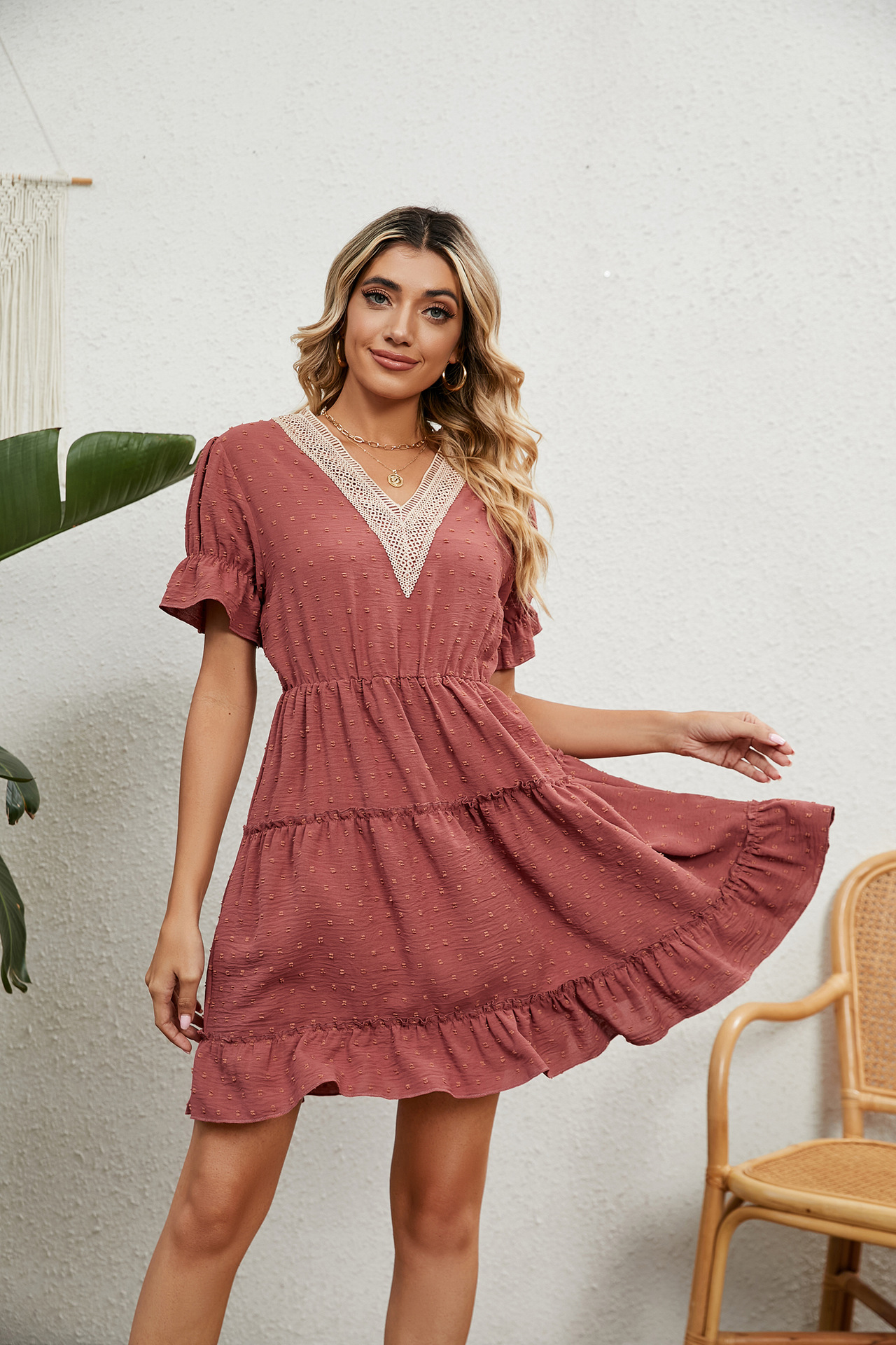 Damen-Kleid aus Jacquard-Wollknäuel mit V-Ausschnitt, lockeres, festes Kleid mit elastischer Taille_voghion.com
