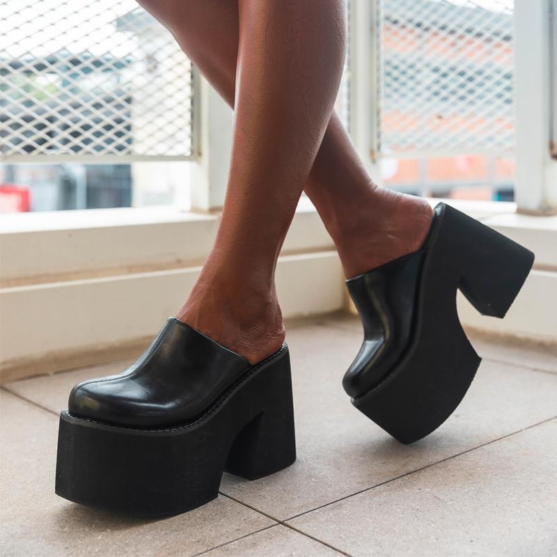 Mules à plateforme et bout fermé pour femmes, chaussures à talons épais, fond épais, plate-forme haute noire, Slingback, usage quotidien, confortable