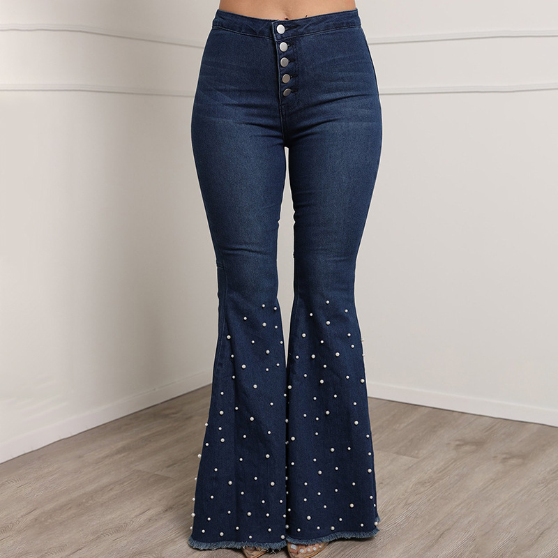 stretch jeans casual beaded flared trousers_voghion.com