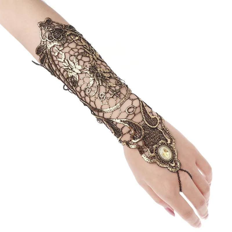 Fashion-Golden Women Hollow Out Fingerless Lady Long Lace Gloves_voghion.com