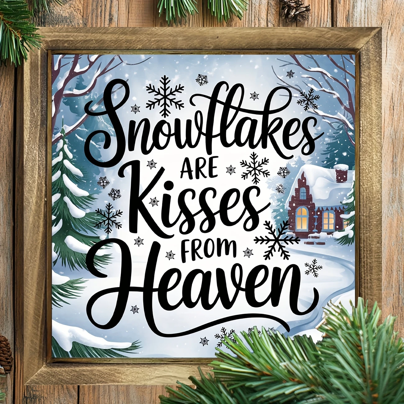 Rustic 'Snowflakes Are Kisses From Heaven' Wooden Frame - 8x8" Handcrafted Winter Decor. Perfect For Bedroom Or Festive Entryway._voghion.com