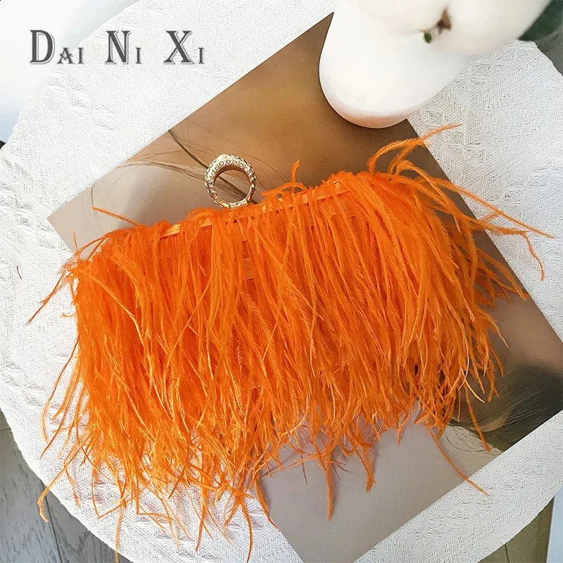 Mode Strauß Fuax Pelz Feder Brieftasche Clutch Tasche Damen Dia Knuckle Ringe Dinner Party Hochzeit Geldbörse Chic 240919_voghion.com
