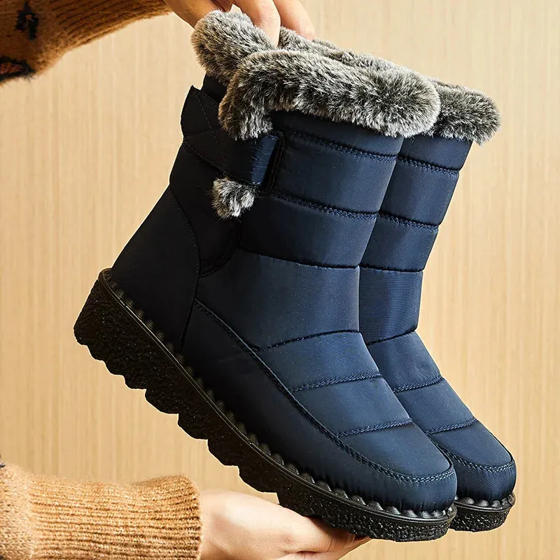 Tendência Mulheres Inverno Ankle Low Botas Mujer Botas de Neve Impermeáveis Sapatos de Couro de Pele 241116_voghion.com