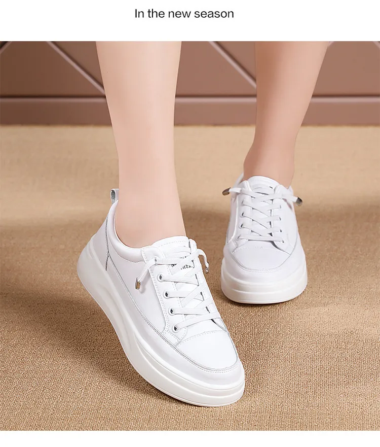 Γνήσιο Δερμάτινο Γυναικείο Κορεατικό Μικρό Λευκό Άνοιξη-Καλοκαίρι Σφουγγάρι Κέικ με Χοντρές Σόλες και Δαντέλα Αθλητικά Παπούτσια_voghion.com