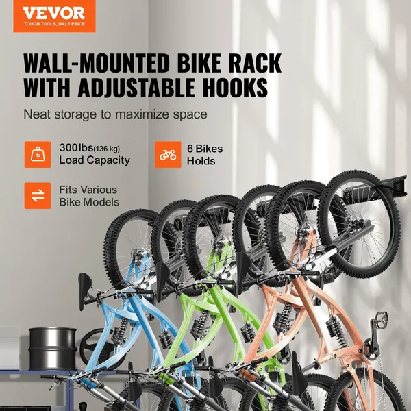VEVOR Bike Storage Rack, 6 Bike Racks And 3 Helmets Hooks, Wall Mount Bike Storage Hanger, Home &amp; Garage Organizer, Customizable For Various Bik_voghion.com