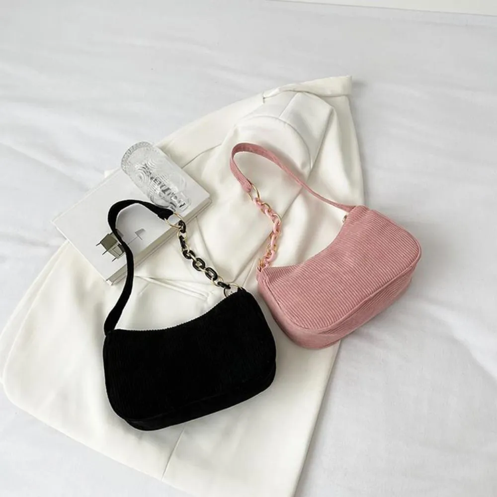 Hobo Chain Corduroy Shoulder Bag Korean Style Solid Color Crossbody Storage Makeup Lipstick Veet Underarm_voghion.com