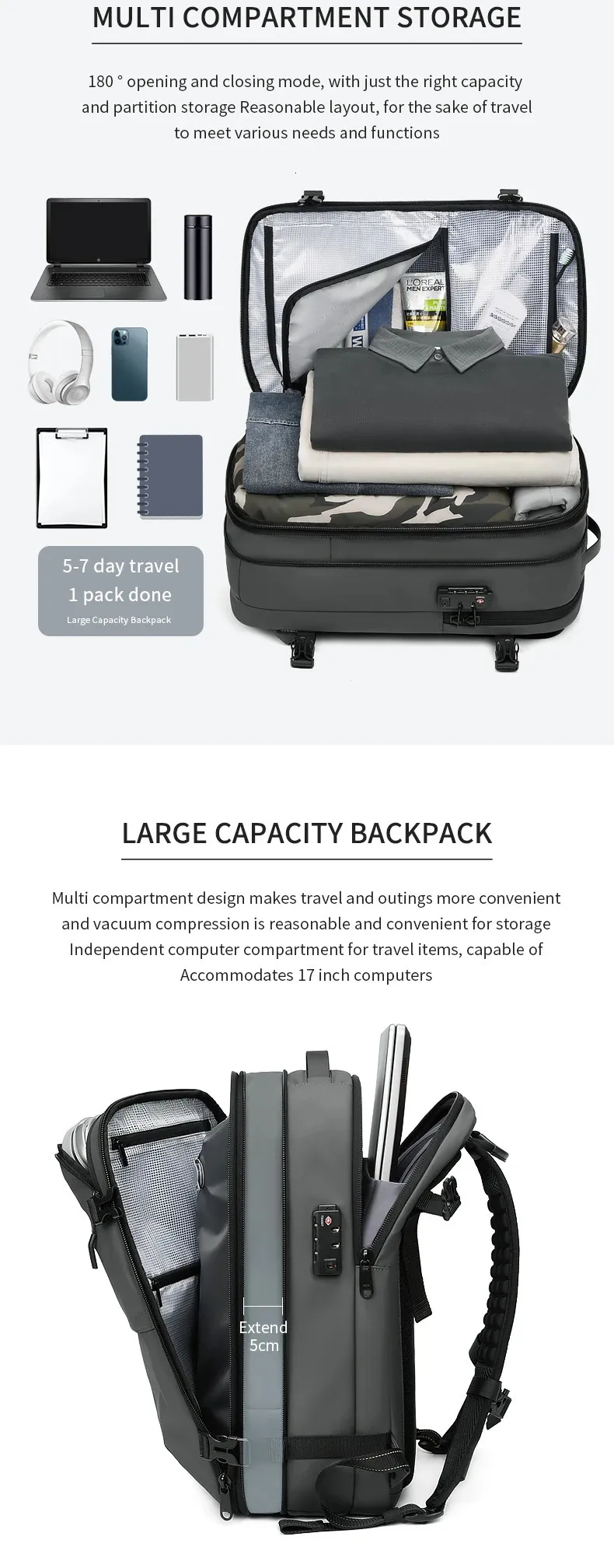 Men Travel vacuum compression 17 inch Laptop Business Large Capacity school Backpack Expanded Hiking backpack 241115_voghion.com