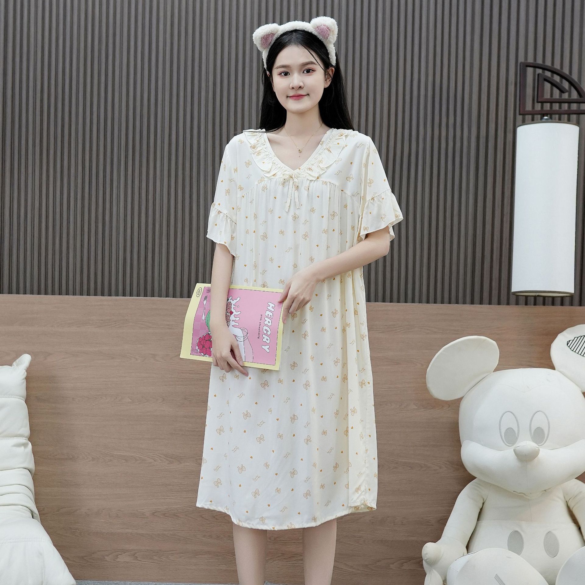 Pigiami da donna Camicia da notte in cotone e seta, da donna, stampata, con piccoli fiori, a maniche corte, da casa, sottile_voghion.com