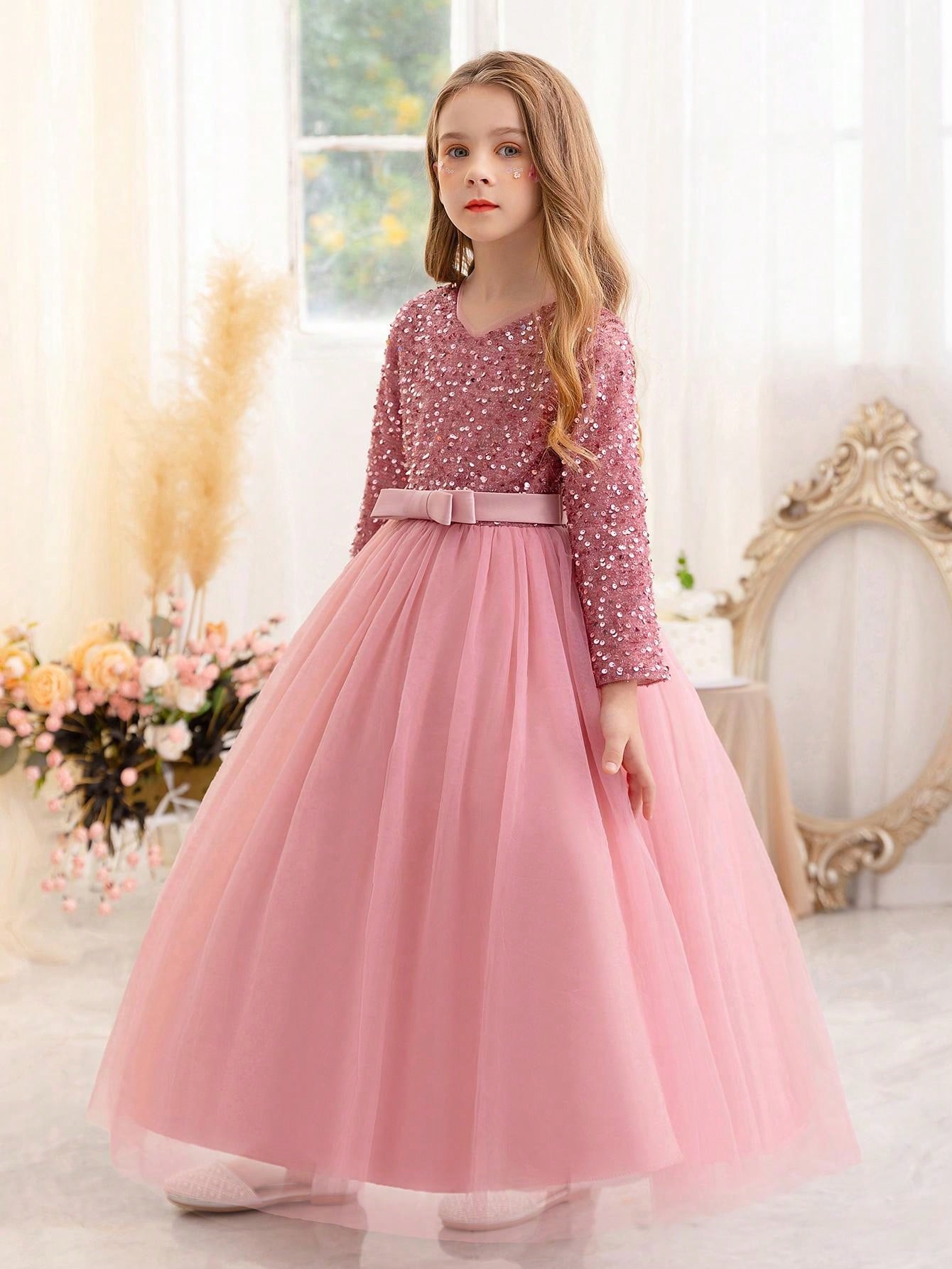Weihnachtspartykleid für Kinder, eleganter Prinzessinnen-Stil, geeignet als Geburtstags-/Eventgeschenk, Party, Hochzeit, Blumenmädchen_voghion.com