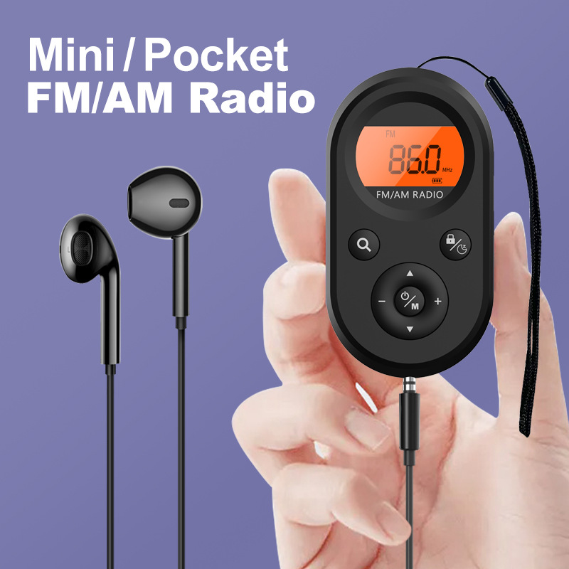 Miniradio FM/AM portátil de bolsillo, receptor de radio de 9K/10K con pantalla LCD, retroiluminación, diseño con cordón, 76-108 MHz, recargable_voghion.com