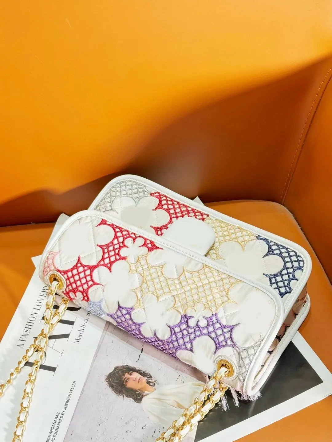 Top Designer Klassische Klappe Bunte Stickerei CF Handtaschen Gold Hardware Schnalle Doppel Ketten Schulter Taschen Stoff Frauen_voghion.com