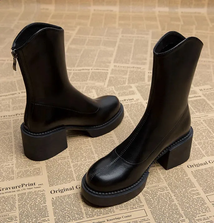 High ankle work very high heels brown short and chubby platform womens waterproof boots black Pu 240911_voghion.com