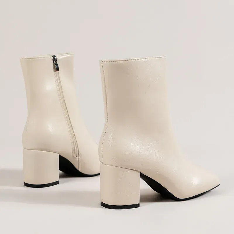 White Ankle Boots for Women Side Zipper Stretch Middle Heel Large Size Short Boot Fashion Pointed Shoes Botas De Mujer_voghion.com