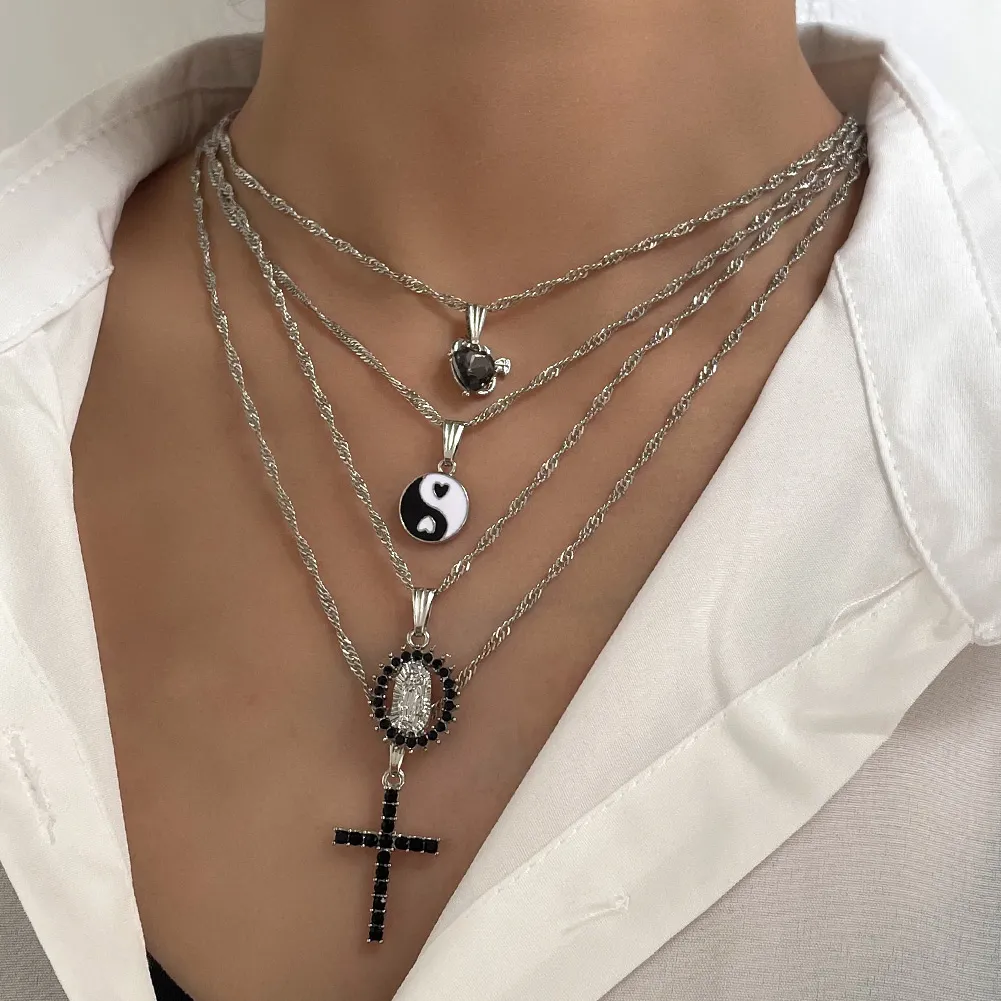 Colar com pingente de cruz e strass preto e corrente punk, moda multicamadas, retrato yin yang, corrente torcida para mulheres_voghion.com