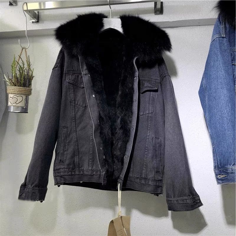 Abbigliamento da donna Plus Veet Cotton Loose Korean Style Denim Collo di pelliccia Giacca ispessita_voghion.com