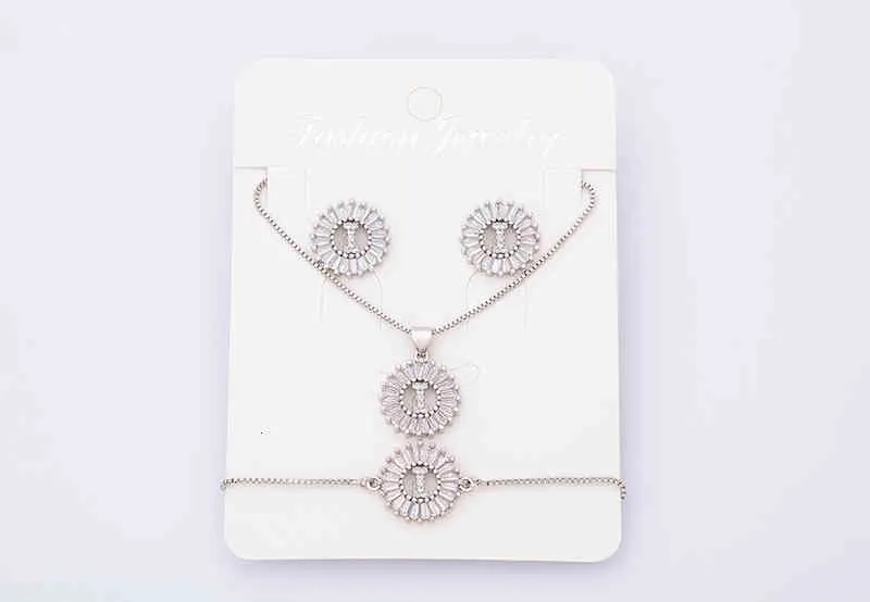 Charm Initial Necklace + Stud Earrings Bracelet Sets Jewelry Copper Zircon White Color A-z 26 Letters Alphabet_voghion.com