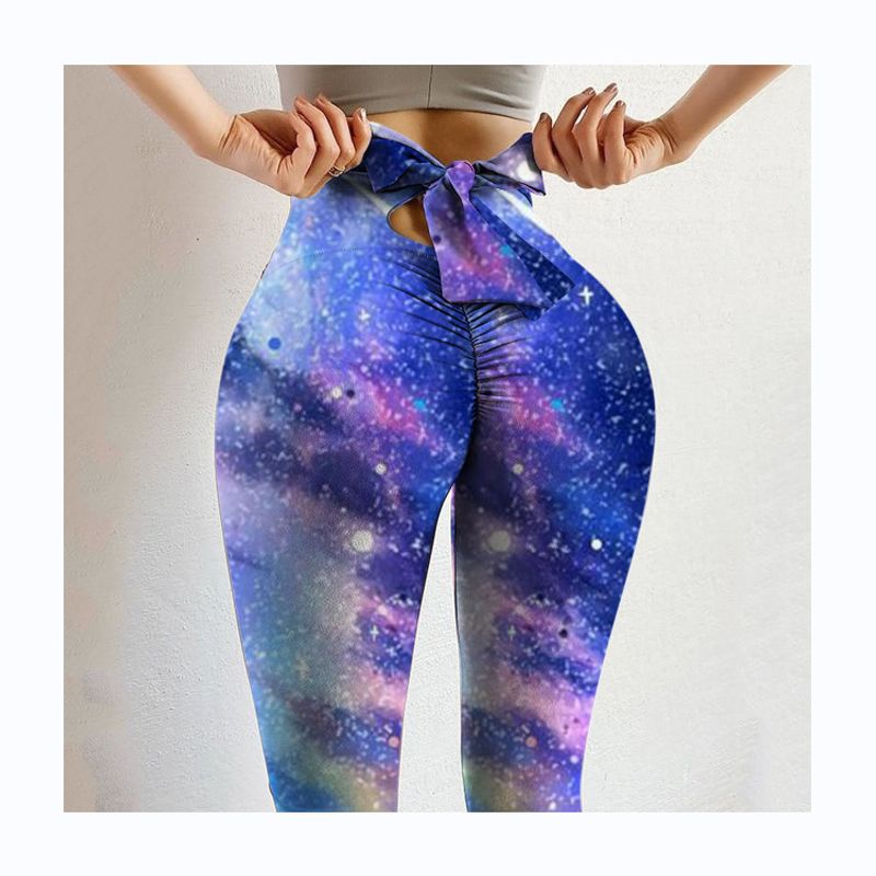 Damen Frühling/Sommer Mehrfarbig bedruckte Hip Lift Falten Slim Fit Yogahose mit hoher Taille und elastischer Schleife_voghion.com
