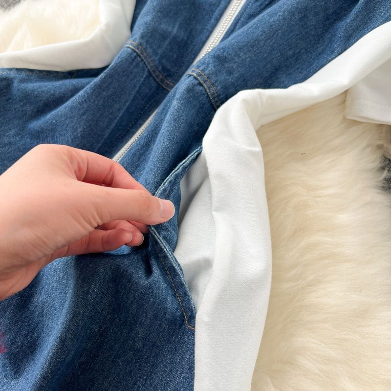 Gonna con bretelle in denim a contrasto a maniche corte, con cerniera, abito corto attillato da donna_voghion.com