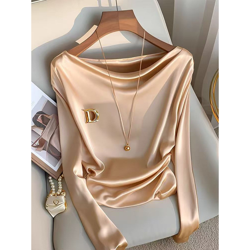 Women's Clothing popular champagne colored long sleeved satin shirt for women in early autumn 2024, French style niche collar skirt suits