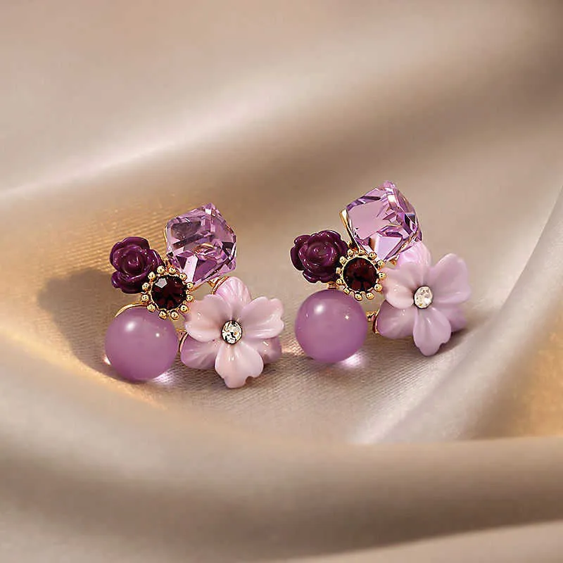 Charm 2022 Bijoux de mode coréens Noble Violet Cristal Fleur d Boucles d'oreilles pour femme Fête de mariage Filles Élégance Ensemble_voghion.com