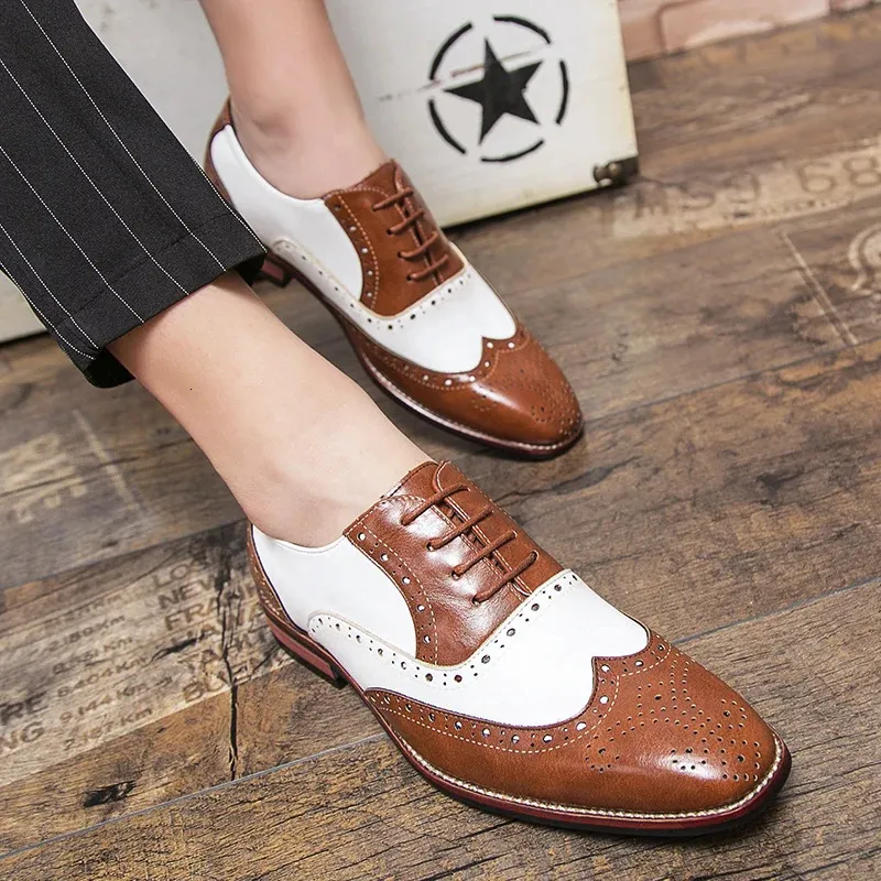Chaussures de bal de promo en cuir pour hommes, mocassins à lacets, style richelieu, patchwork, noir et blanc_voghion.com