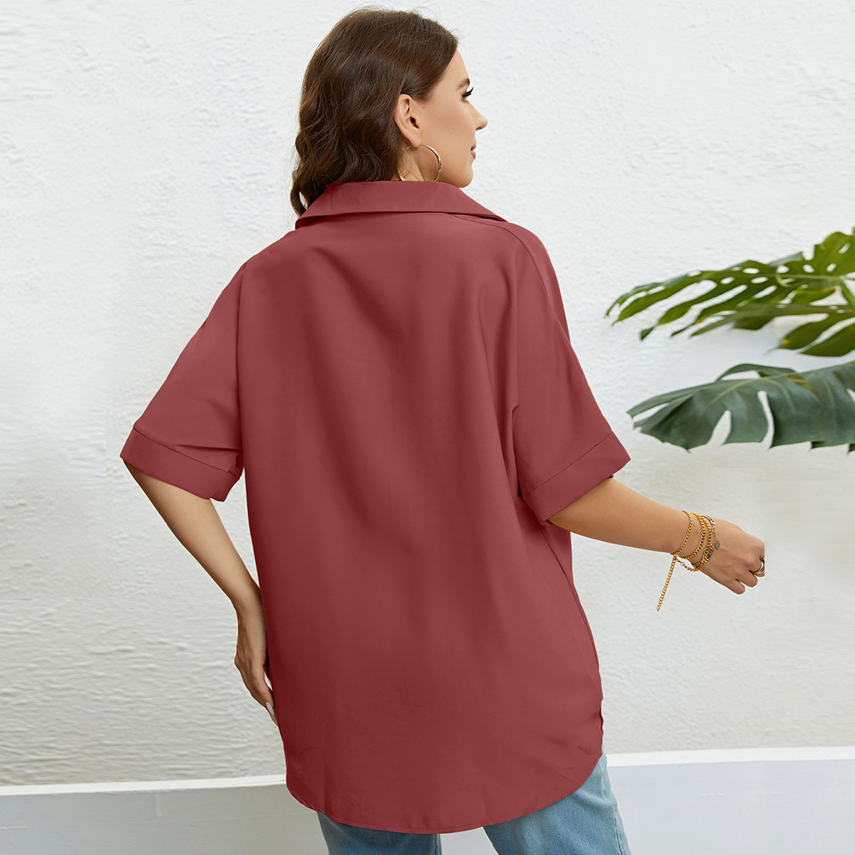 Topuri pentru femei, cu decolteu în V, slim fit și mâneci în cinci puncte, mărimi mari_voghion.com
