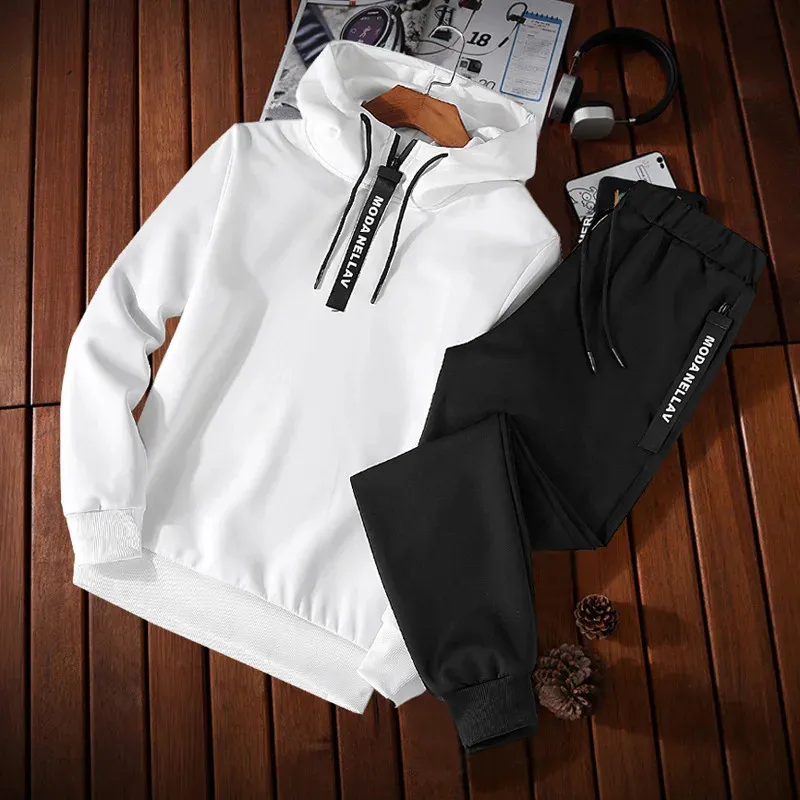 Set di abbigliamento sportivo da uomo tinta unita, patchwork con cerniera, trapuntato da uomo, felpa con cappuccio casual primaverile, felpe con cappuccio, 2 pezzi + pantaloni da jogging_voghion.com