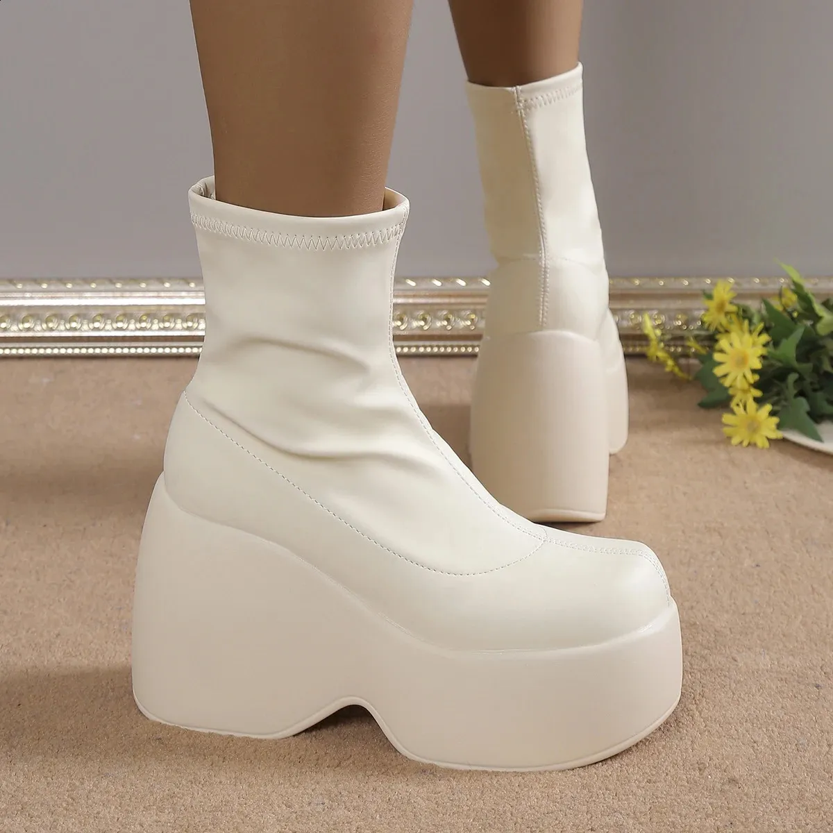 Gothic Womens Sexy Short and Fat Platform Soft Leather Ankle Boots Comfortable Walking Sock Sole Size 42 240911_voghion.com